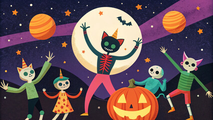 Halloween party playful characters in costumes, a full moon, and a carved pumpkin against a starry night sky.