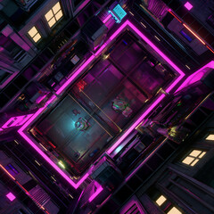 Obraz premium Cyberpunk Cityscape Battle Map for DnD, High-Resolution Digital Map for Tabletop RPGs, Top-Down View Sci-Fi Map with Neon-Lit Streets, Urban Adventure Setting for Futuristic Campaigns