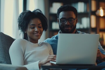 A Couple Enjoys Quality Time Together While Working on a Laptop in Their Cozy Living Room With Books and Warm Lighting
