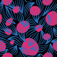 Seamless Vector Leaves Pattern in blue, pink and black, Floral Design, Abstract, Illustration, Editable Graphic for Textile Surfaces, Palm, Jungle