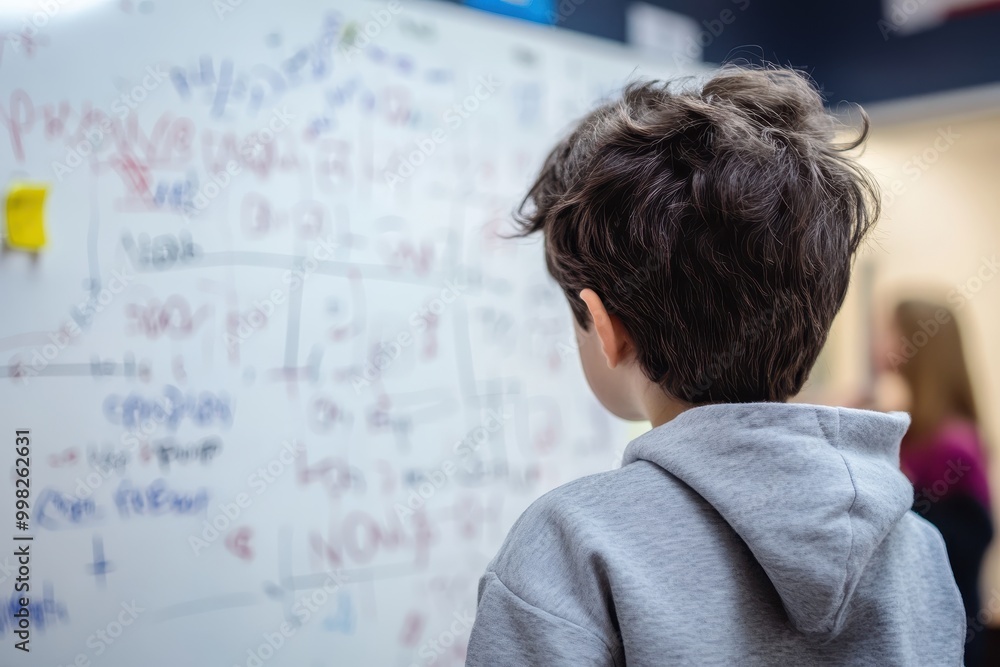 Poster a child observes a whiteboard filled with notes and diagrams, engaged in learning or problem-solving