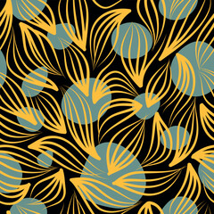 Seamless Vector Leaves Pattern in Dark Colors, Yellow, Black, Green, Floral Design, Illustration, Abstract, Editable Graphic for Textile Surfaces, Palm, Jungle