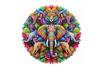 Colorful animal 3D Mandala design without shadow, white background