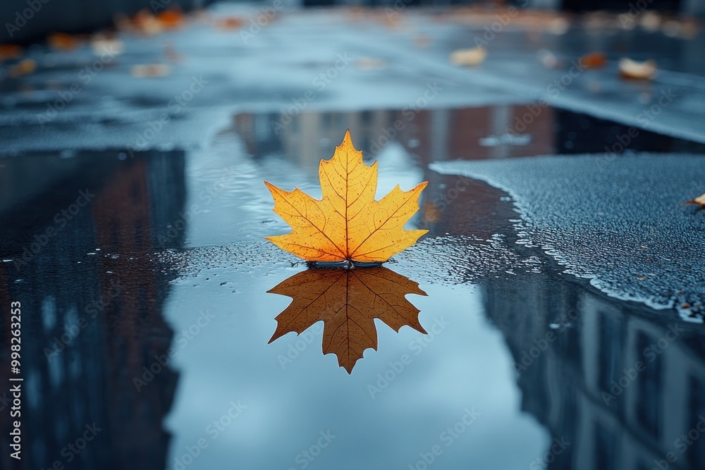 Canvas Prints A single yellow maple leaf floats on a puddle of water on a city street, its reflection mirrored in the surface.