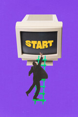 Businessman climbing ladder toward vintage computer screen reading Start, symbolizing initial steps...
