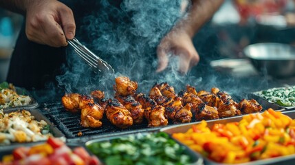 Naklejka premium A vibrant kitchen scene featuring a chef grilling marinated chicken on an open flame, with smoke rising and colorful side dishes ready for plating.