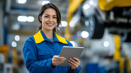 A female car mechanic reviewing a digital checklist on a tablet while inspecting a car's undercarriage on a lift at a modern auto repair shop. The background includes blurred image