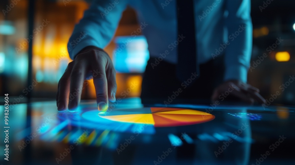 Poster a professional analyzing a 3d pie chart in a darkened room with soft lighting, with reflections on t
