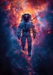 Fototapeta premium cosmic astronaut floating in the cosmos and stellar nebulas in a comic book graphic illustration style with a limited neon color palette.