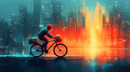 a postal worker delivering letters and parcels on a bicycle, set against a bright and cheerful urban background. postal worker iconography, world post day