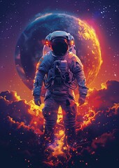cosmic astronaut floating in the cosmos and stellar nebulas in a comic book graphic illustration style with a limited neon color palette.