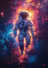 Fototapeta premium cosmic astronaut floating in the cosmos and stellar nebulas in a comic book graphic illustration style with a limited neon color palette.