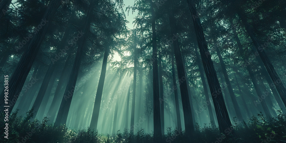 Poster majestic forest canopy: a network of towering trees intertwined with wispy mist, casting shadows on 