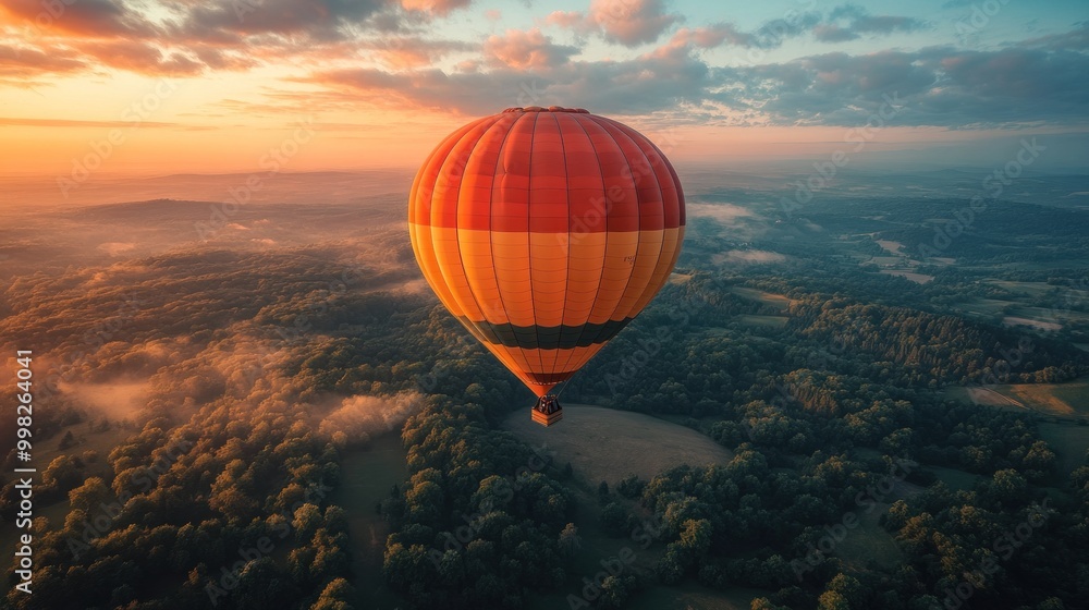 Wall mural A hot air balloon floats above a misty landscape at sunrise.