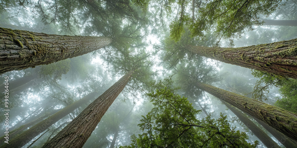 Poster majestic forest canopy: a network of towering trees intertwined with wispy mist, casting shadows on 