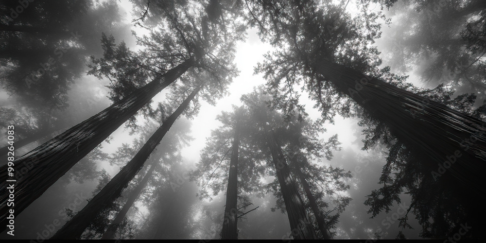 Poster majestic forest canopy: a network of towering trees intertwined with wispy mist, casting shadows on 