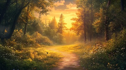 A dirt path winds through a lush green forest with golden sunlight filtering through the trees, creating a magical atmosphere.