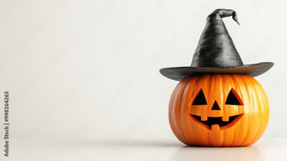 Sticker Halloween pumpkin with black hat on blank background