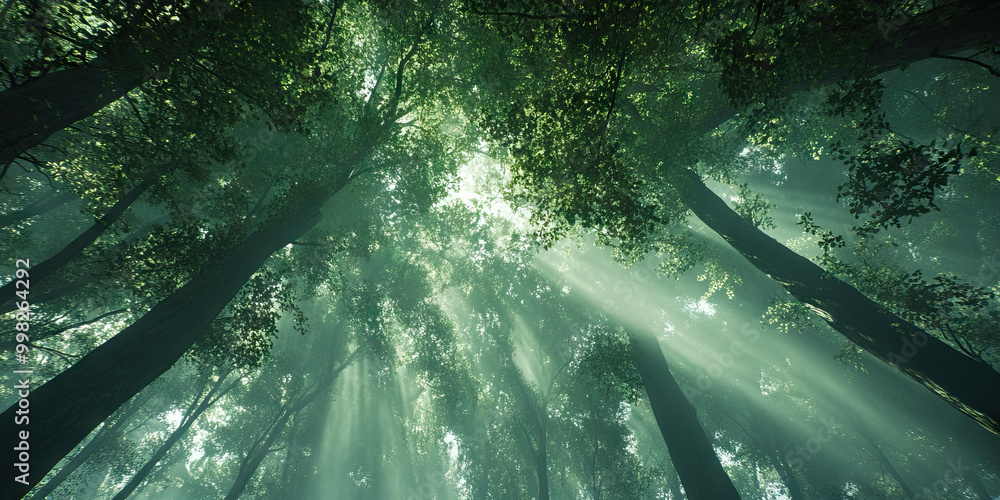 Poster majestic forest canopy: a network of towering trees intertwined with wispy mist, casting shadows on 