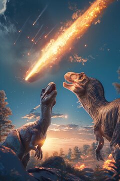 dinosaurs looking up at a meteor heading from them on earch 