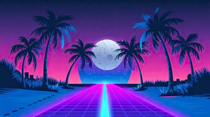 Retro synthwave scene with neon tones, showing an empty road, palm trees, and a large moon. This design blends nostalgic 80s aesthetics with futuristic digital art.