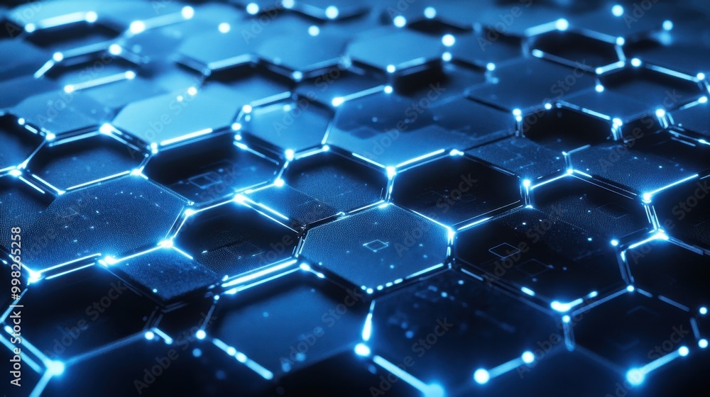 Poster a modern hexagonal pattern with glowing blue and white accents, creating a sleek, tech-inspired back