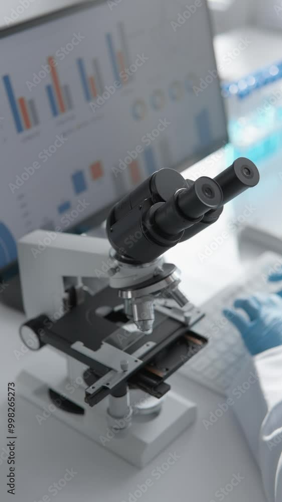Aufkleber Scientist in a laboratory using a microscope to analyze data with digital charts for research and discovery in various fields including biology, biotech, chemistry, and healthcare