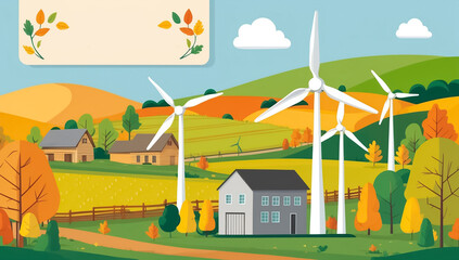 Wind farm, turbine in the field, green energy concept, flat illustration, rural landscape, autumn