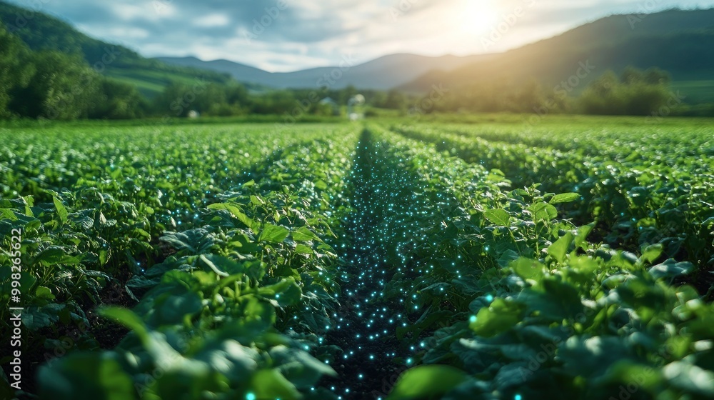 Wall mural A field of green crops with glowing dots in the rows, symbolizing data collection and technology in agriculture.