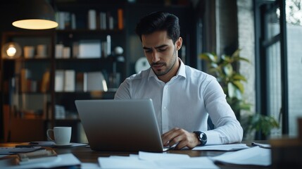 Fototapeta premium A young businessman focused on his laptop in a modern office, surrounded by documents and a coffee cup, reflecting dedication and ambition in his work environment.