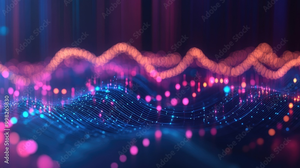 Poster an abstract 3d scatter plot with glowing data points on a dark background, emphasizing data relation
