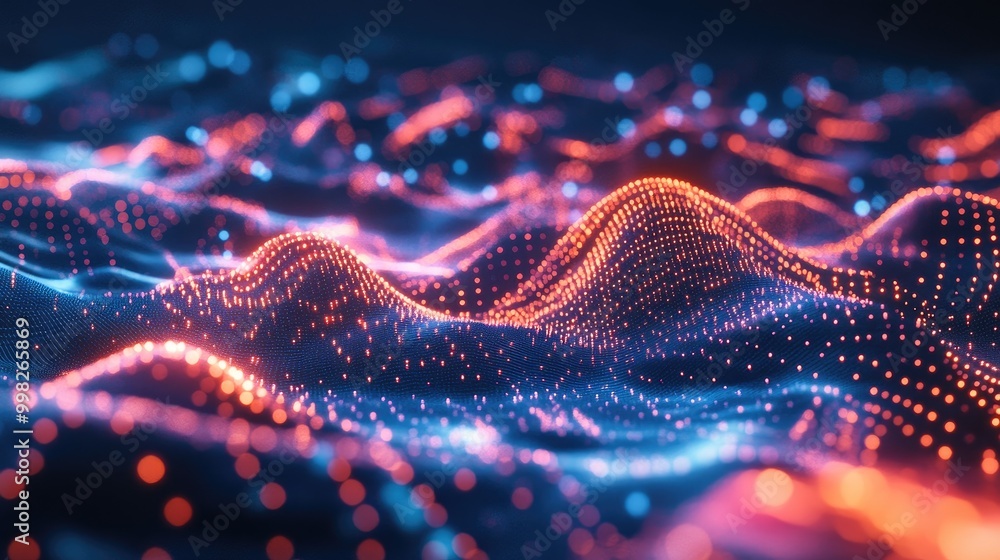 Poster an abstract 3d scatter plot with glowing data points on a dark background, emphasizing data relation
