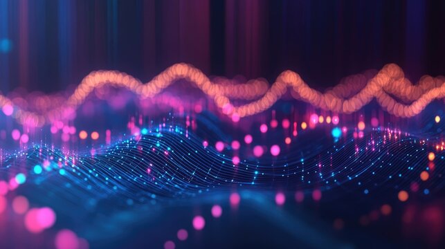 An abstract 3D scatter plot with glowing data points on a dark background, emphasizing data relationships and trends in scientific research or data science.