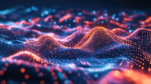 An abstract 3D scatter plot with glowing data points on a dark background, emphasizing data relationships and trends in scientific research or data science.