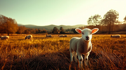 A curious white lamb stands on lush green grass in a serene nordic countryside. Soft sunlight highlights its wool, while distant fields and a clear sky create a peaceful atmosphere.