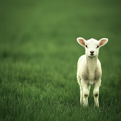 Obraz premium A curious white lamb stands on lush green grass in a serene nordic countryside. Soft sunlight highlights its wool, while distant fields and a clear sky create a peaceful atmosphere.