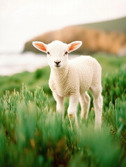 Obraz premium A curious white lamb stands on lush green grass in a serene nordic countryside. Soft sunlight highlights its wool, while distant fields and a clear sky create a peaceful atmosphere.