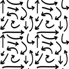 Hand drawn black arrows pointing different directions seamless pattern on white background