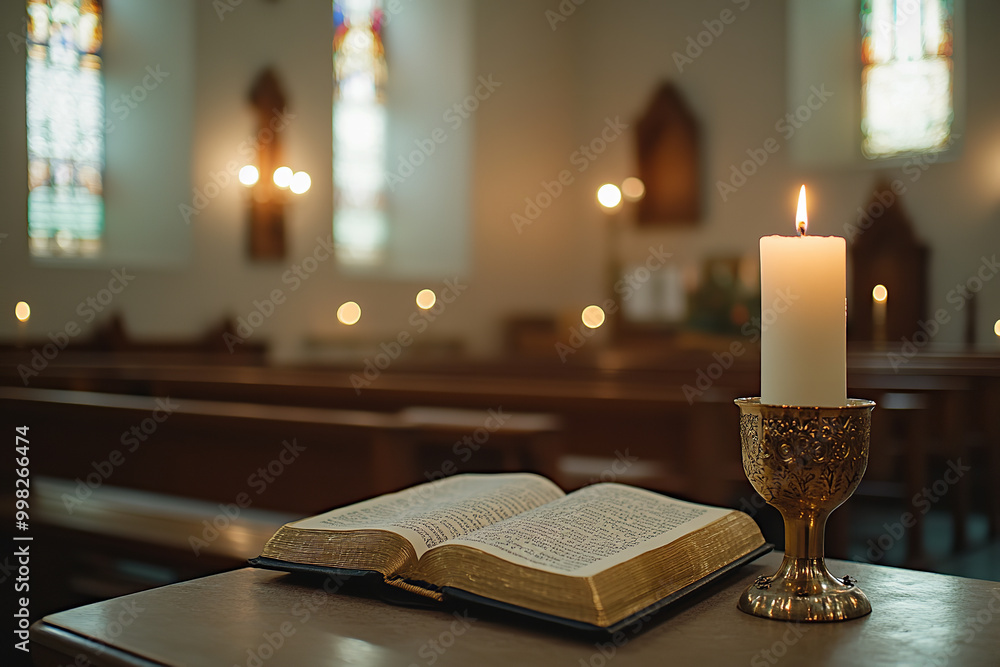 Poster Tranquil Yom Kippur Service in Synagogue with Candlelight  