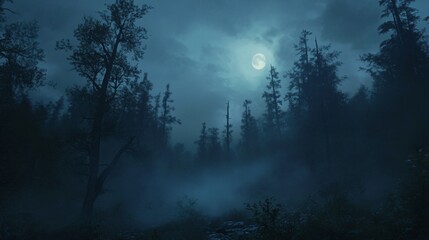 Obraz premium A full moon illuminates a misty forest at night.