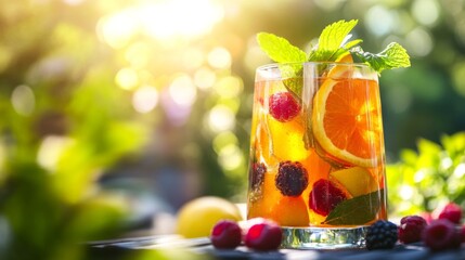 A refreshing glass of vibrant fruit punch with colorful slices of citrus and berries, garnished with mint leaves, placed on a sunlit outdoor table, perfect for summer gatherings