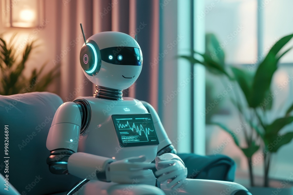 Poster a friendly robot sitting on a couch, showcasing a digital display and a relaxed atmosphere.
