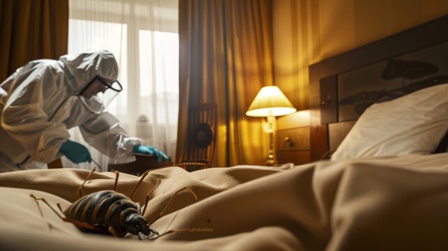 A man in a hazmat suit is cleaning up a dead bug on a bed