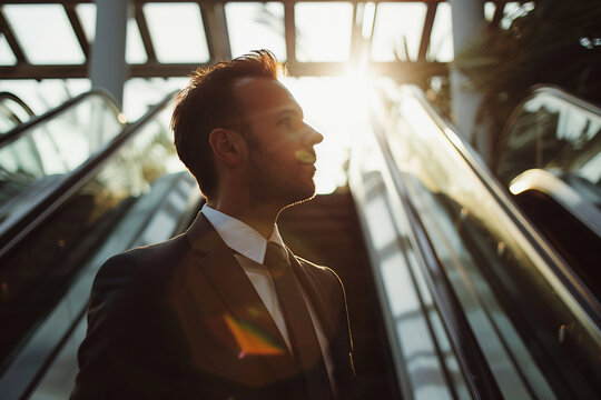 Successful business person man woman dressed luxury formal suit traveling corporate trip, Generative AI