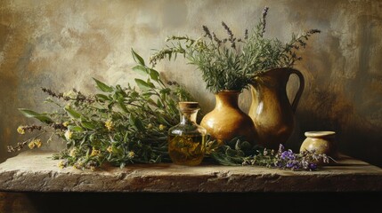 Still Life with Herbs, Lavender, and Earthenware Vases
