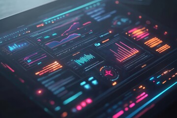 A futuristic dashboard displaying data analytics with graphs and metrics.
