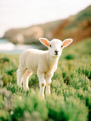 Obraz premium A curious white lamb stands on lush green grass in a serene nordic countryside. Soft sunlight highlights its wool, while distant fields and a clear sky create a peaceful atmosphere.