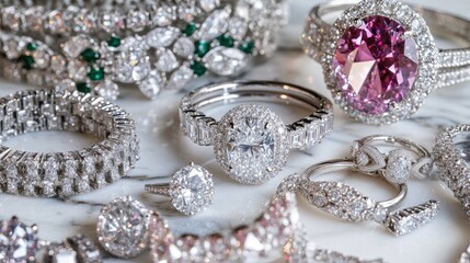 An artistic arrangement of various diamond pieces, including rings, bracelets, and necklaces, displayed elegantly on a marble surface, illustrating a treasure trove of luxury.