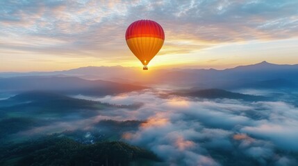 Fototapeta premium Sunrise sky with a hot air balloon in the distance, suitable for adventure and experience-focused marketing.