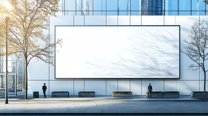 Obraz premium Empty billboard on a modern building with people nearby.